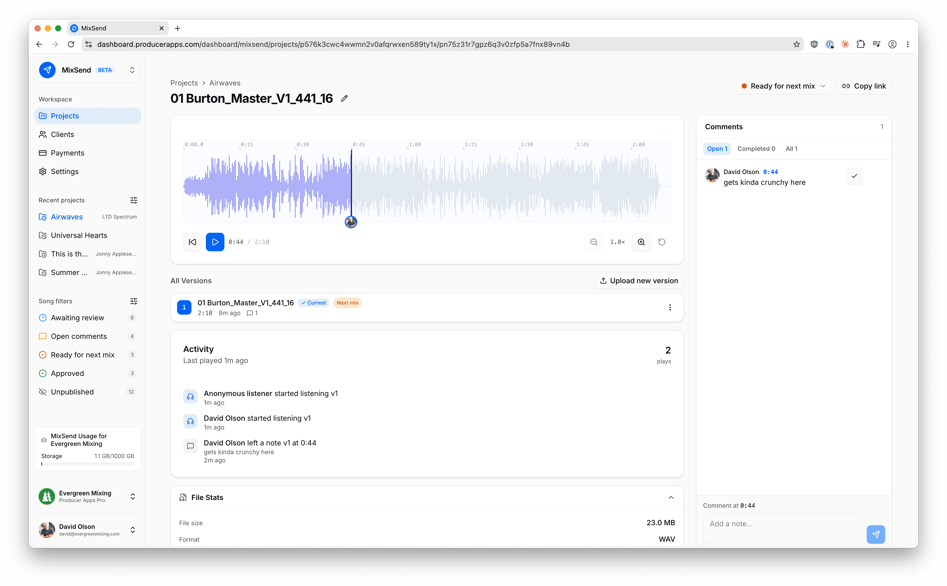 A MixSend song page showing version history and an open comment